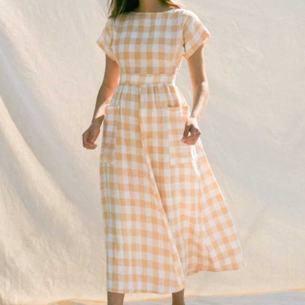 NWT Christy Dawn Lemon Yellow Plaid Linen "Jane" Dress (S) FLAWED